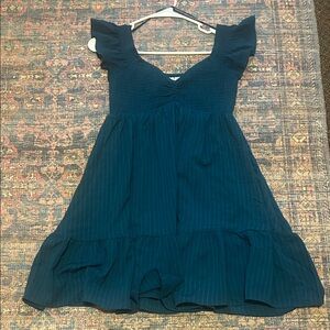 Teal Pinstripe Ruffle Sleeve Mini Dress